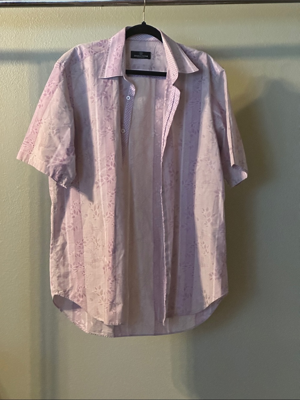 Bugatchi Men’s Light Pink Floral-Panel Short-Sleeve Button-Down Shirt